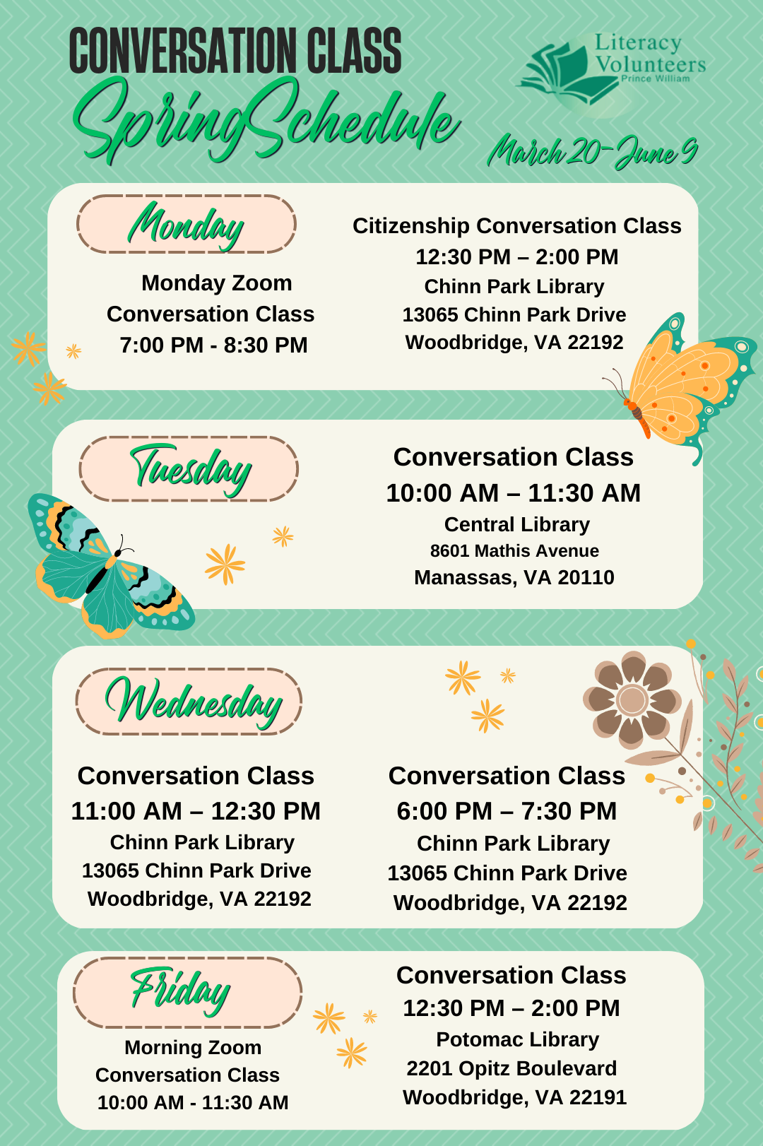 Spring 2023 Conversation Class Schedule