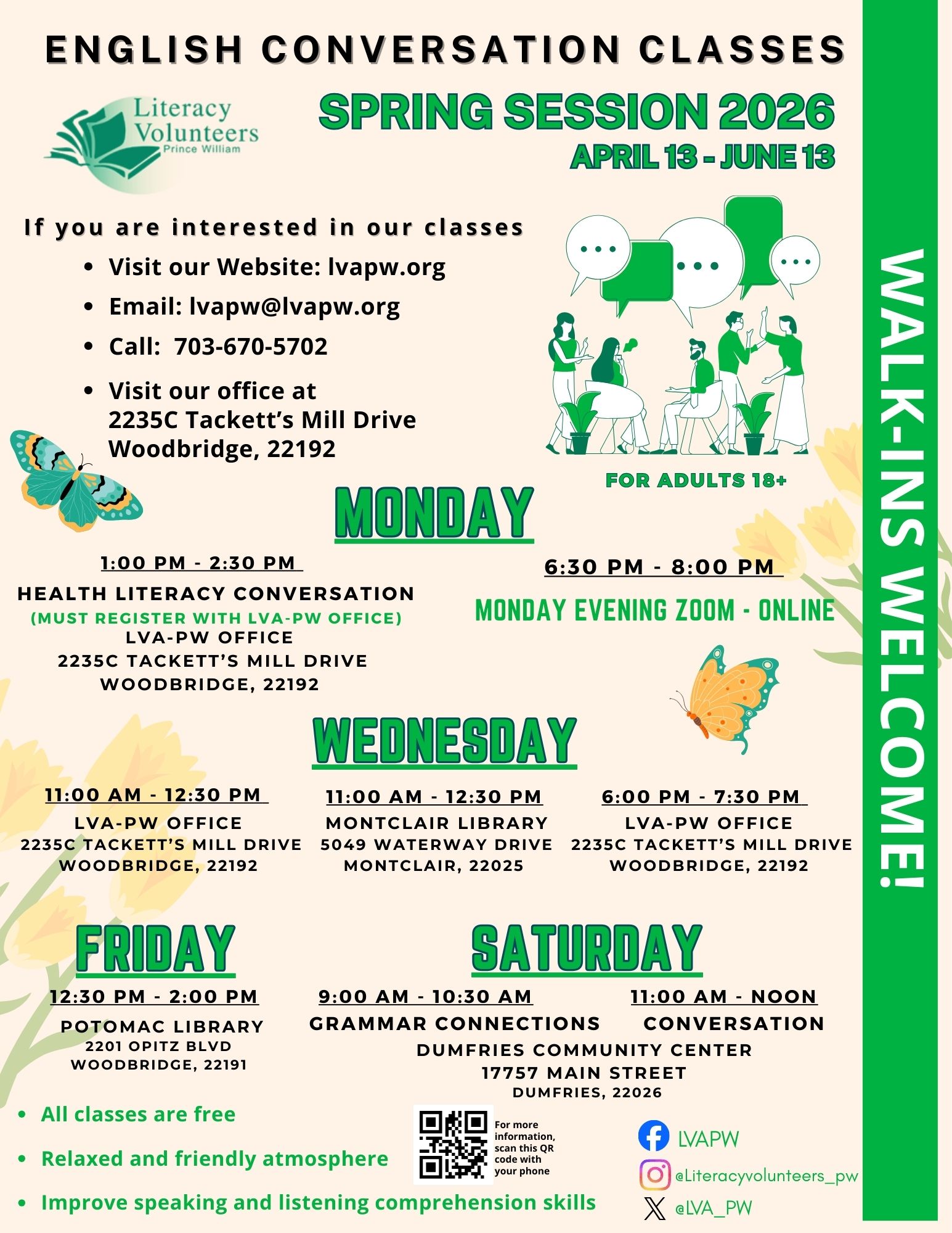 Walk-In Wellness Week schedule with daily health classes and events from April 30 to June 15.