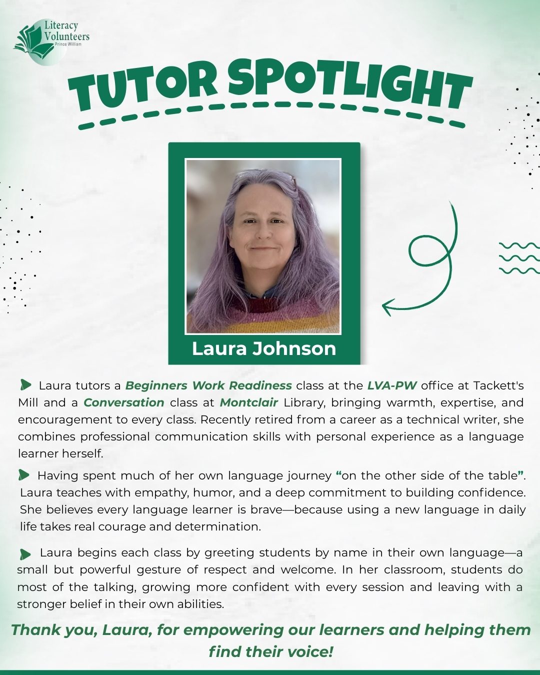 Tutor Spotlight on Laura Johnson, a dedicated tutor at Central Library.
